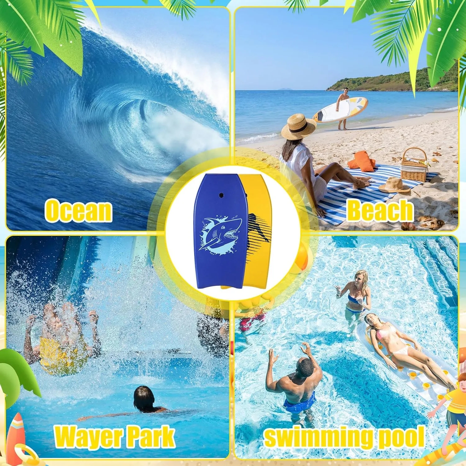 2 Pcs Body Boards for Beach, Lightweight PE Bodyboard Surfboards with EPS Core, Wrist Leash, XPE Deck and HDPE Slick Bottom for Kids Teens Adults Pool Surfing