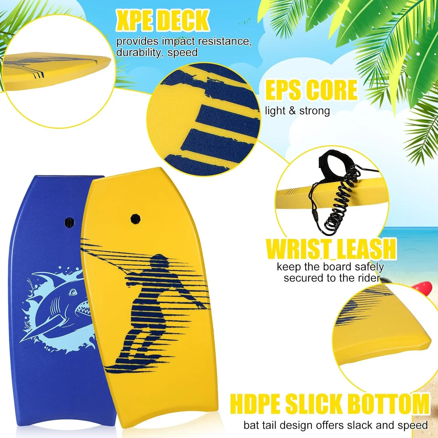 2 Pcs Body Boards for Beach, Lightweight PE Bodyboard Surfboards with EPS Core, Wrist Leash, XPE Deck and HDPE Slick Bottom for Kids Teens Adults Pool Surfing
