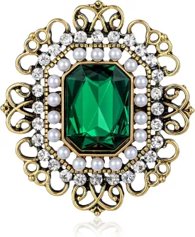 Antique Green Brooches and Pins for Women and Girls, Rhinestone Pearl Brooches Emerald Baroque Crystal Brooch Lapel pins Scarf Clip for Clothes Dress Hats Bags Accessory