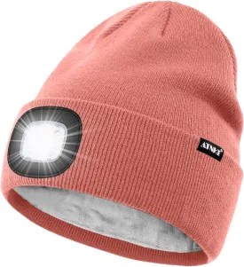 ATNKE LED Lighted Beanie Hat,USB Rechargeable 4 LED Running Headlamp Lined Fleece Cap with Light Gift for Men and Women