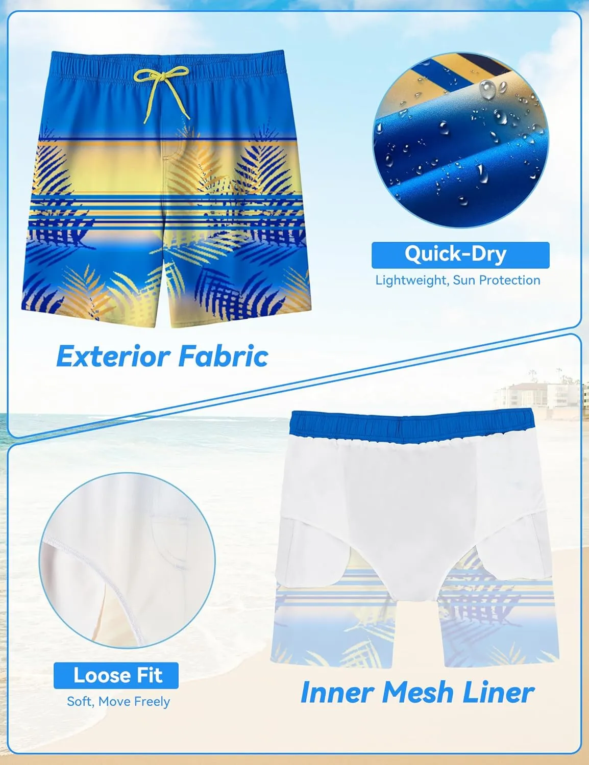 Boys Swim Trunks Quick-Dry w/Ultra Soft Jersey Lining Premium Eco Material UPF 50 