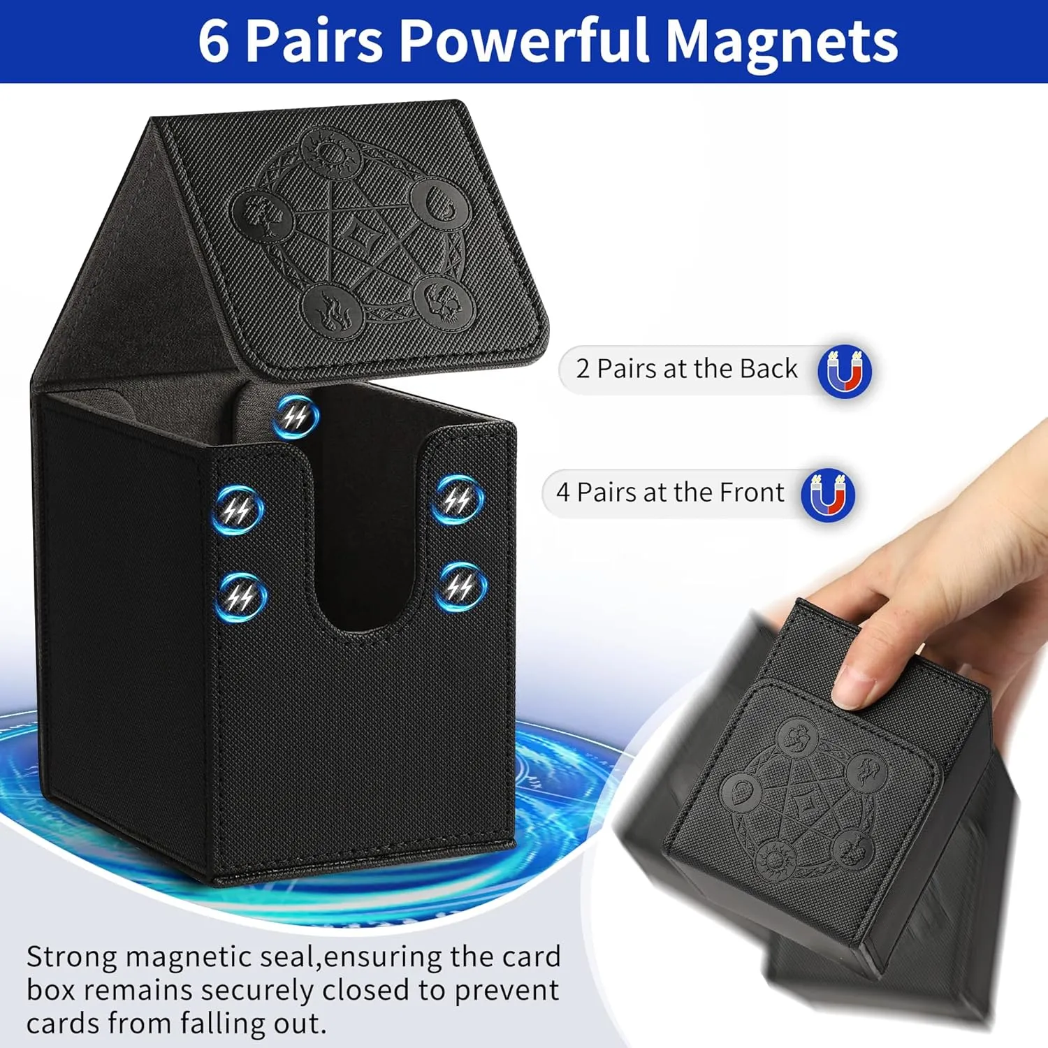 Card Deck Box with 2 Dividers, MTG Commander Deck Box Holds 100  Double-Sleeved Cards, Leather Magnetic Deck Case Compatible with Magic TCG CCG Cards, Black