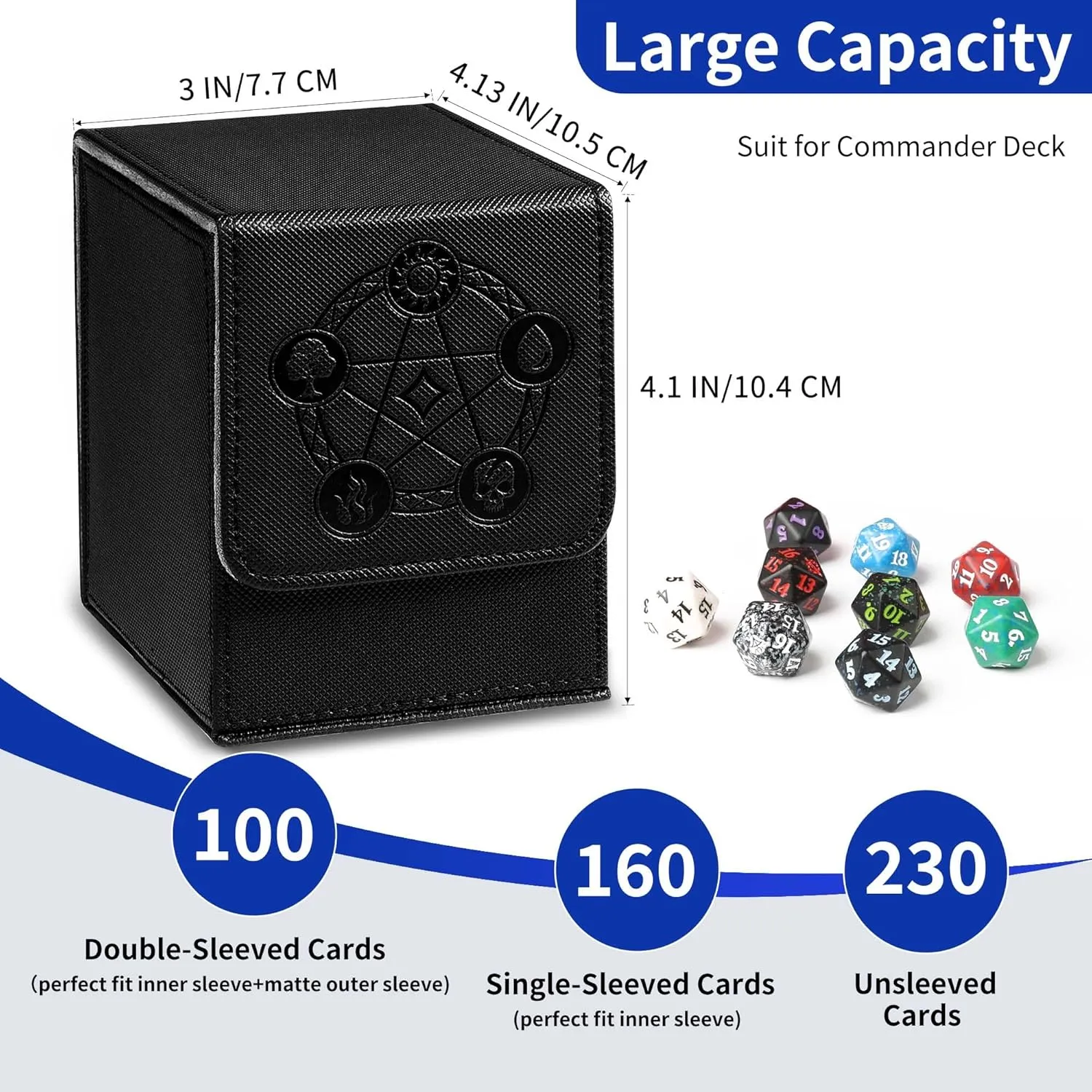 Card Deck Box with 2 Dividers, MTG Commander Deck Box Holds 100  Double-Sleeved Cards, Leather Magnetic Deck Case Compatible with Magic TCG CCG Cards, Black