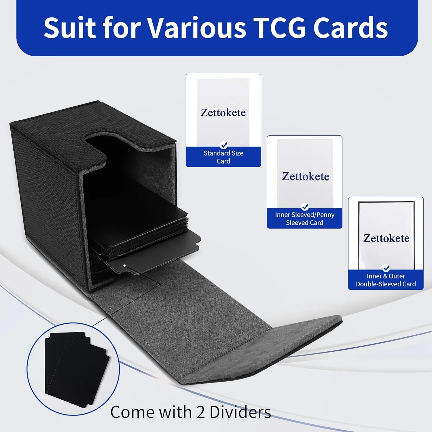 Card Deck Box with 2 Dividers, MTG Commander Deck Box Holds 100  Double-Sleeved Cards, Leather Magnetic Deck Case Compatible with Magic TCG CCG Cards, Black