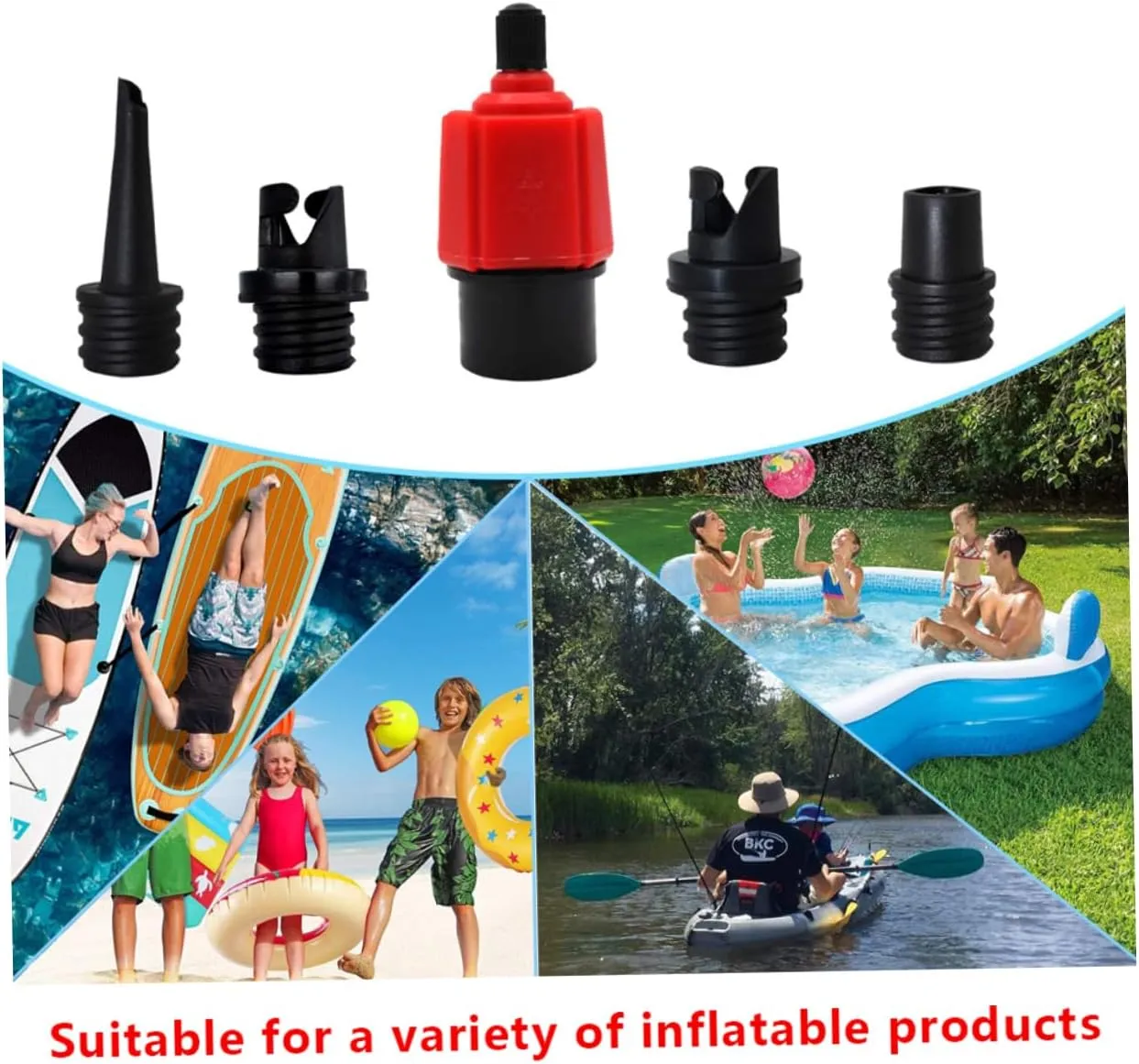 Electric Compressor Adaptor Air Valve Converter Inflatable Pump Multifunction Valve Adapter with 4 Nozzles for Kayak Stand Up Paddle Board Red