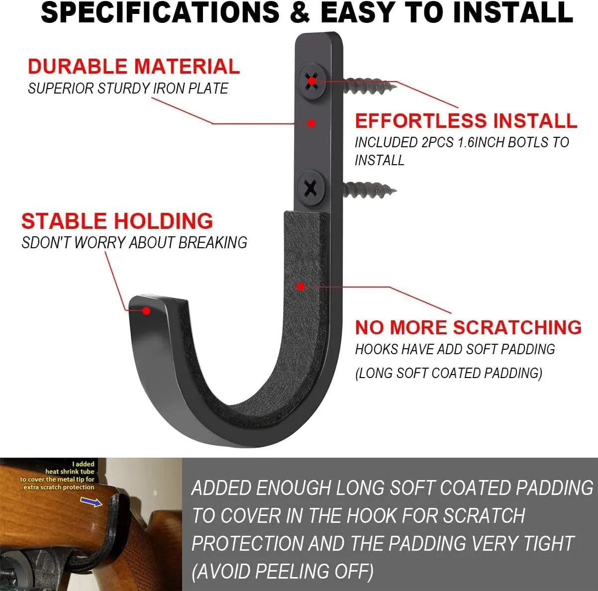 Gun Rack Storage Rifles Shotgun Hooks Wall Mount Hangers for Any Rifles Shotguns Archery Bow with Soft Padding and Heavy Duty Steel