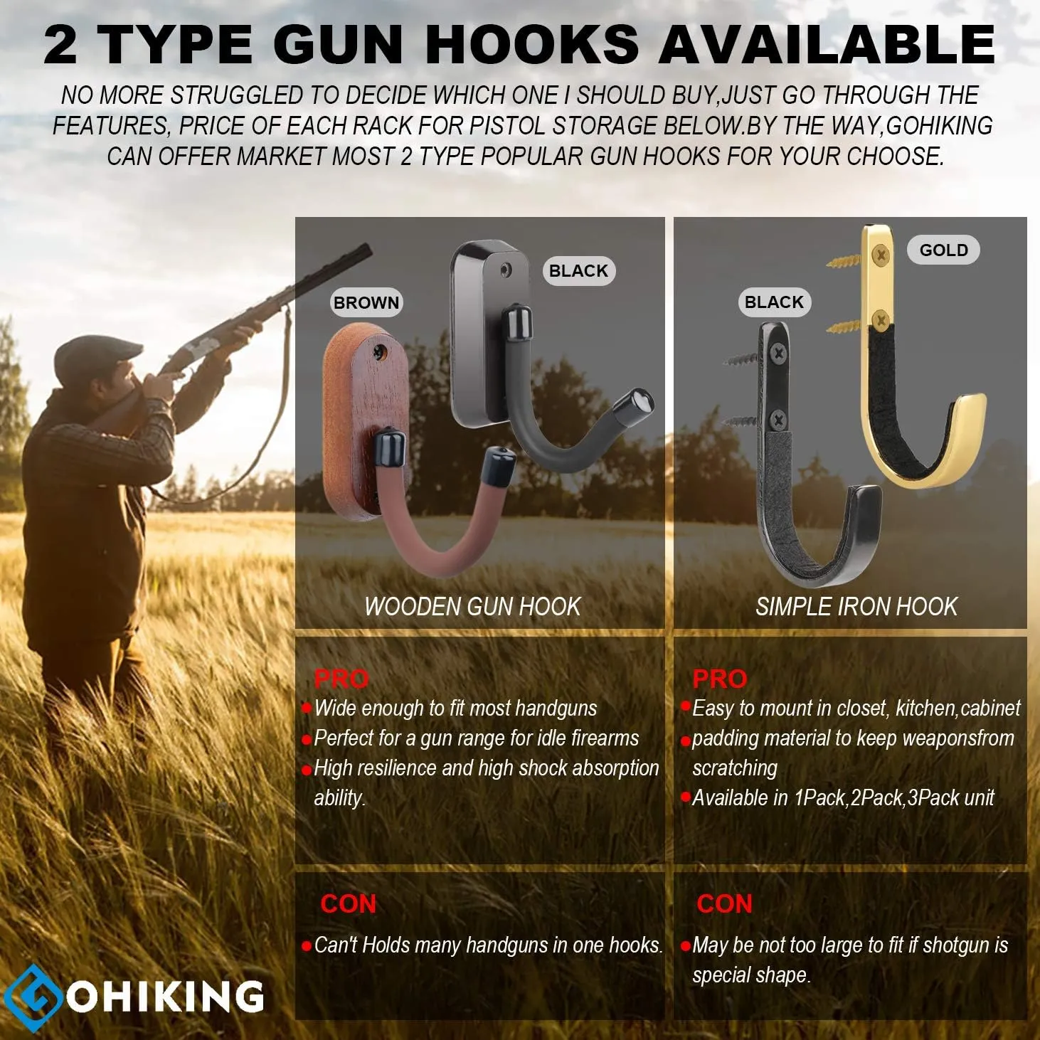 Gun Rack Storage Rifles Shotgun Hooks Wall Mount Hangers for Any Rifles Shotguns Archery Bow with Soft Padding and Heavy Duty Steel