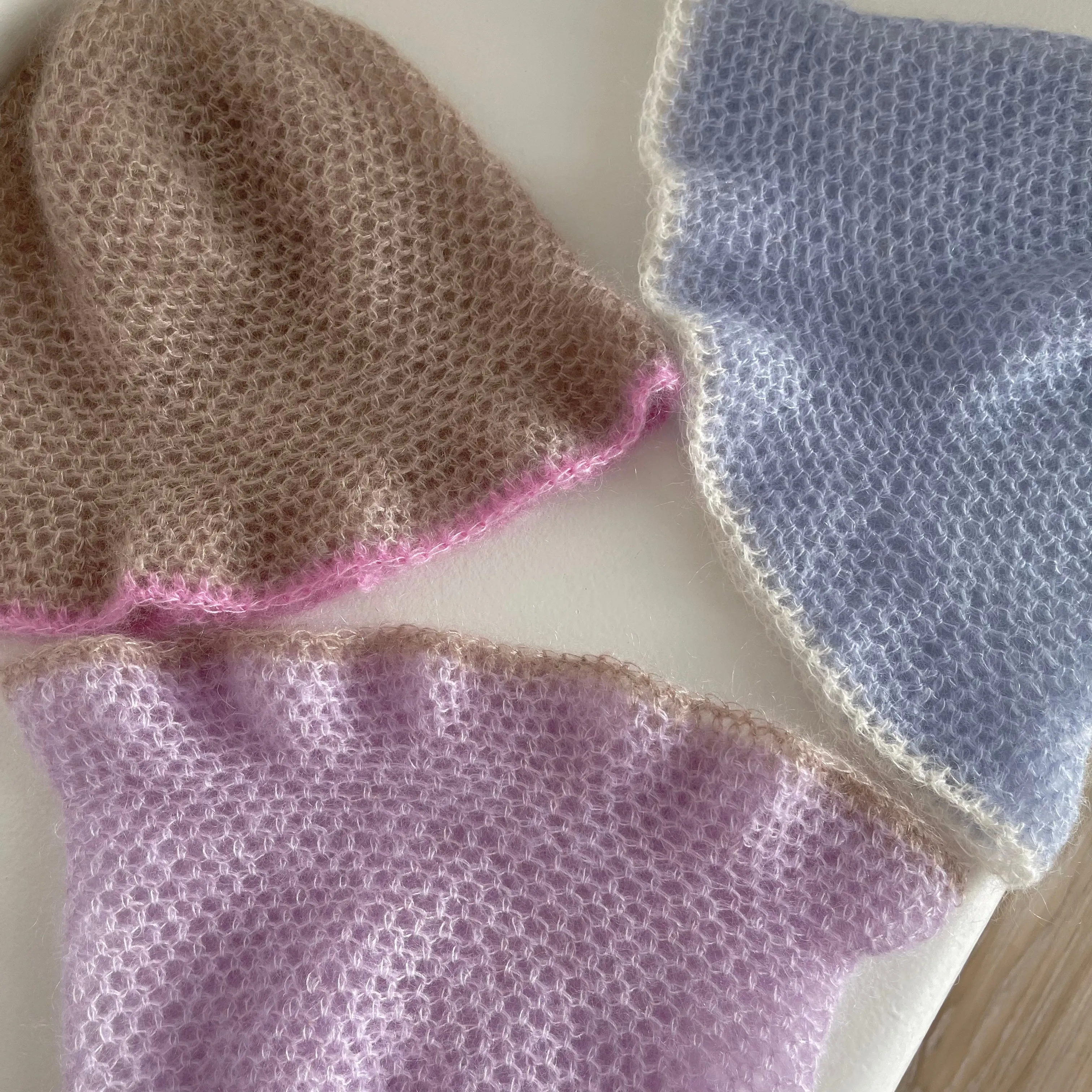 Handmade crochet mohair bucket hat in baby blue with cream trim