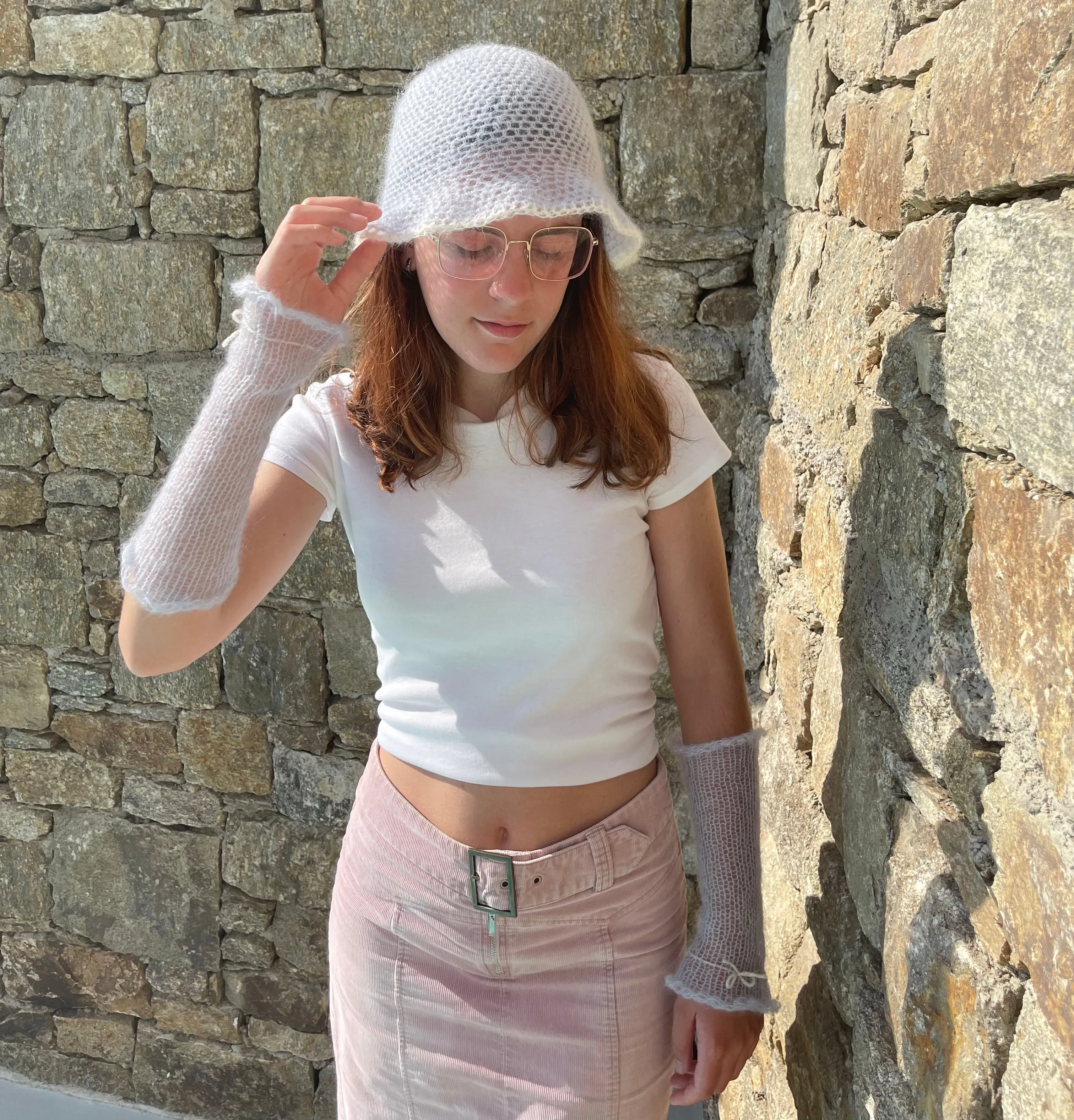 Handmade crochet mohair bucket hat in baby blue with cream trim