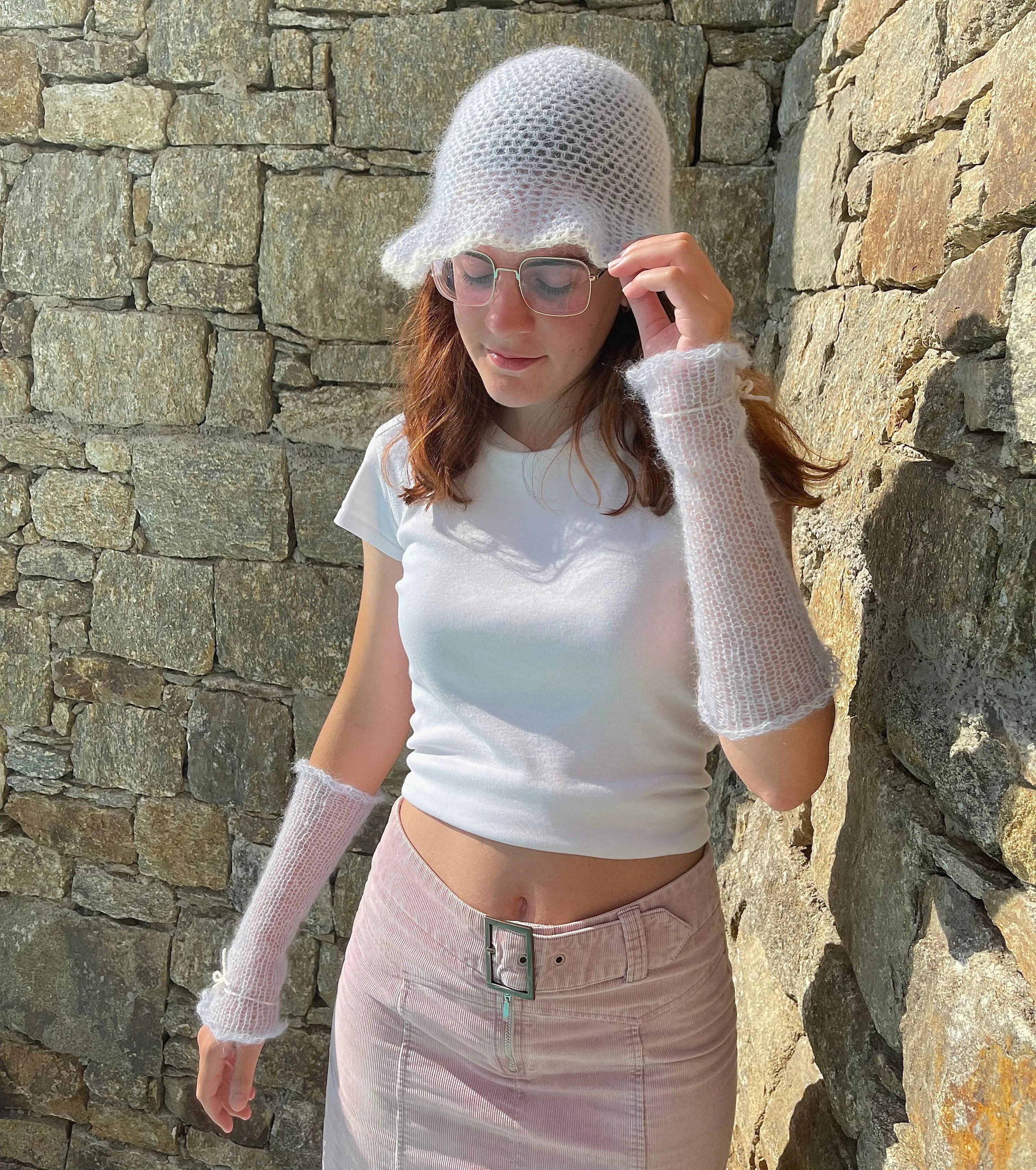 Handmade crochet mohair bucket hat in baby blue with cream trim