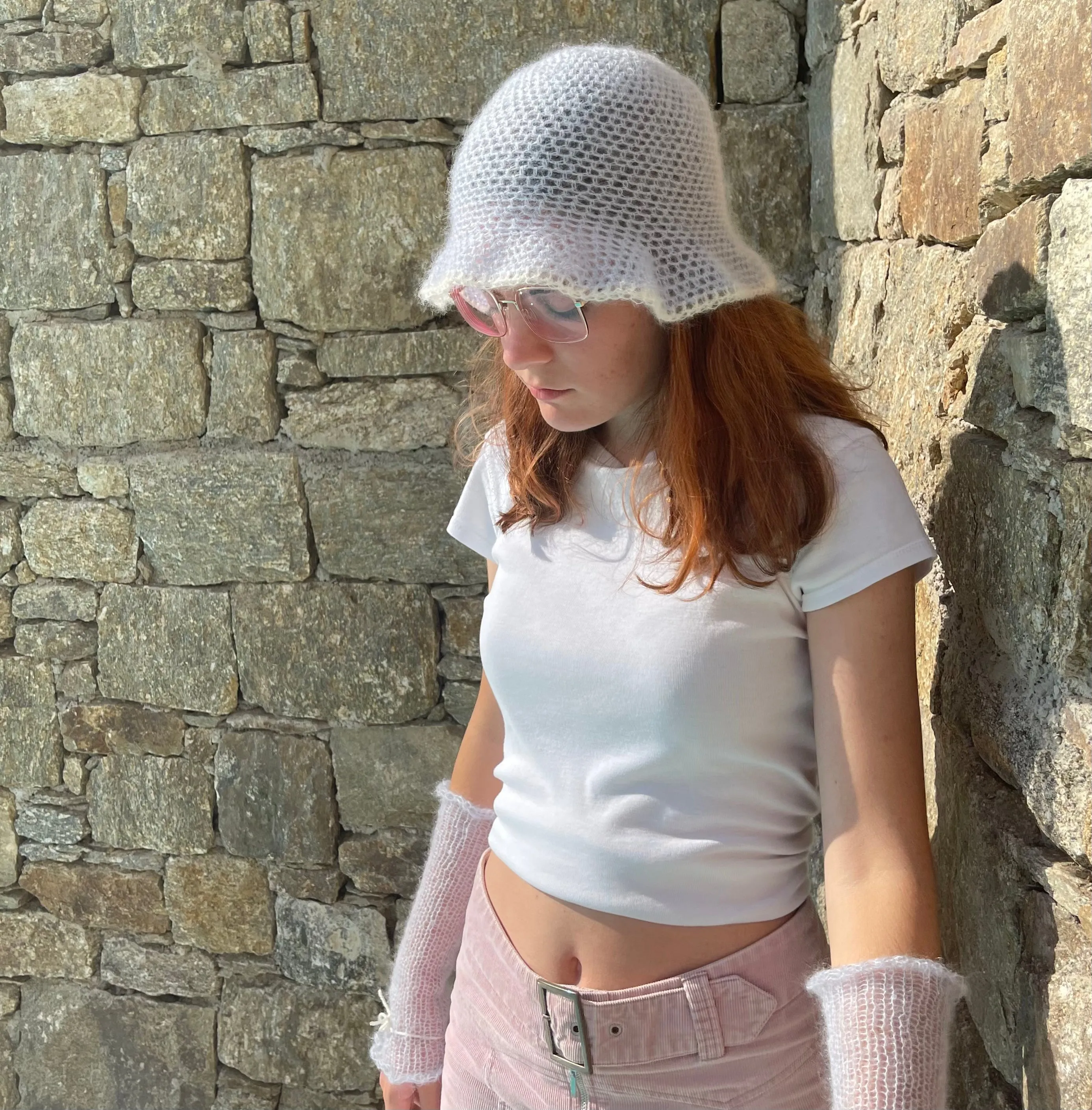 Handmade crochet mohair bucket hat in baby blue with cream trim