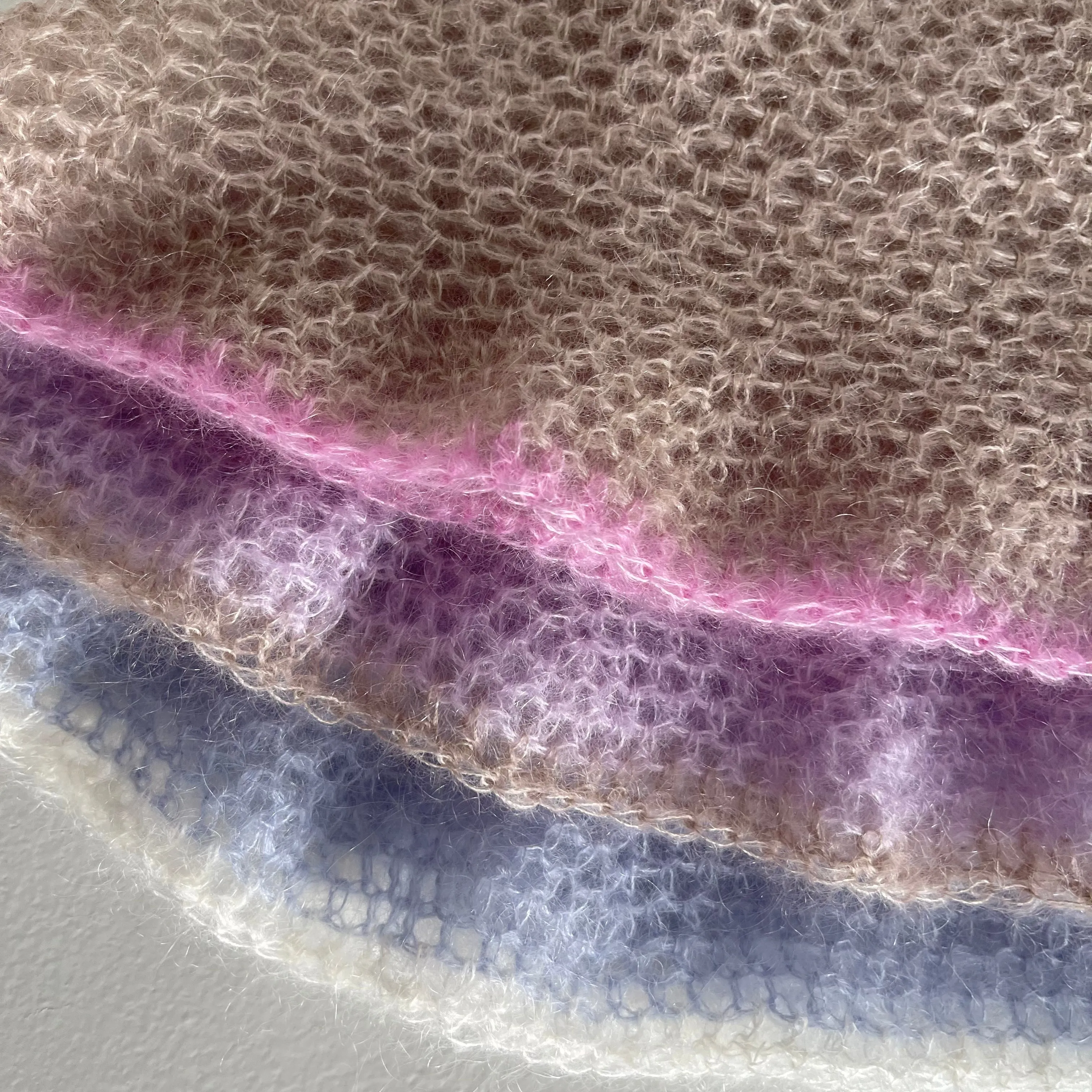 Handmade crochet mohair bucket hat in baby blue with cream trim