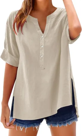 Linen Tops for Women Summer Button Down V Neck Shirts Casual Short Sleeve Loose T-Shirt Cotton Linen Blouse Tees 2025
