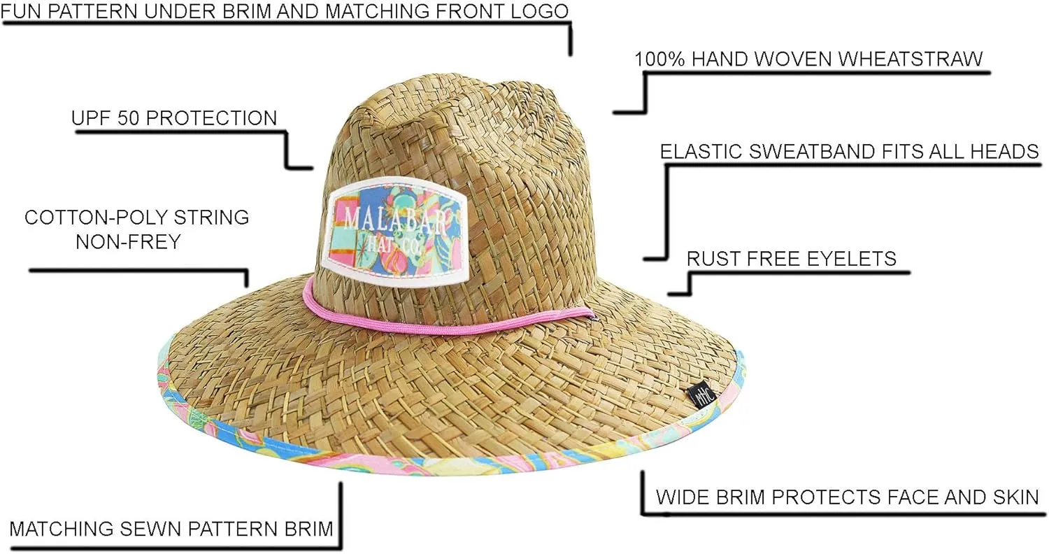 Malabar Hat Fabric Pattern Print Straw Sunhat Men & Women, Lifeguard Hat, Swim, Paddle Board, Boat, Fishing, Fits All
