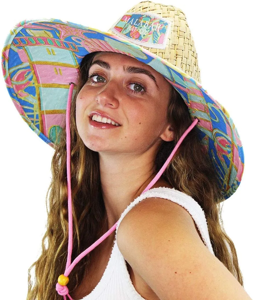 Malabar Hat Fabric Pattern Print Straw Sunhat Men & Women, Lifeguard Hat, Swim, Paddle Board, Boat, Fishing, Fits All