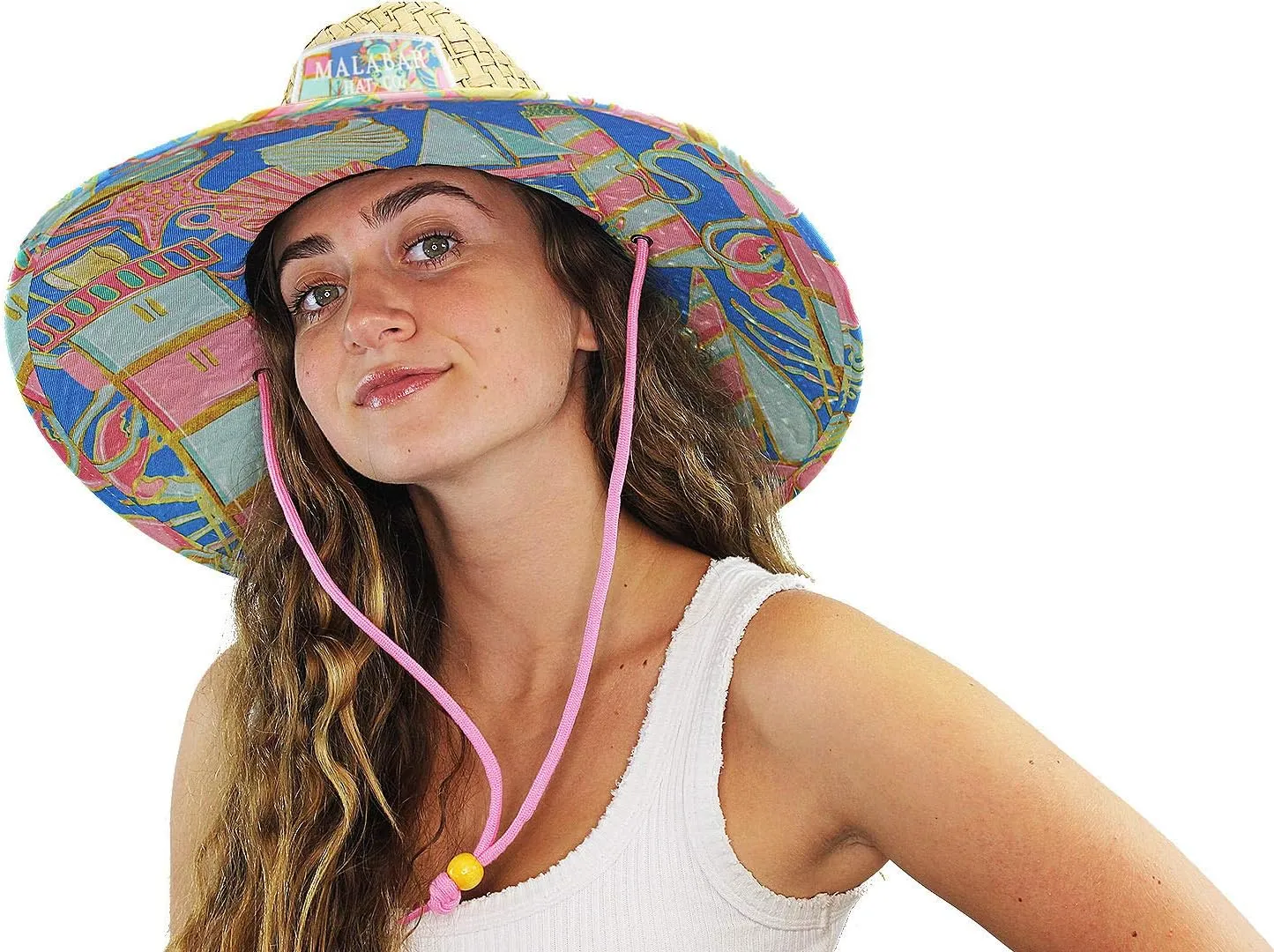 Malabar Hat Fabric Pattern Print Straw Sunhat Men & Women, Lifeguard Hat, Swim, Paddle Board, Boat, Fishing, Fits All