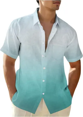 Men Summer Loose Shirts Casual Lapel Gradient T-shirts Short Sleeve Button Shirt Hawaiian Beach Tops for Men's
