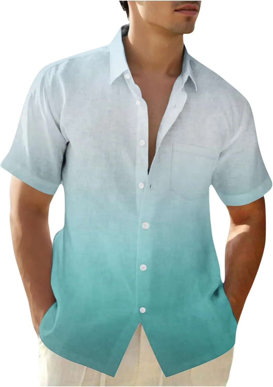Men Summer Loose Shirts Casual Lapel Gradient T-shirts Short Sleeve Button Shirt Hawaiian Beach Tops for Men's