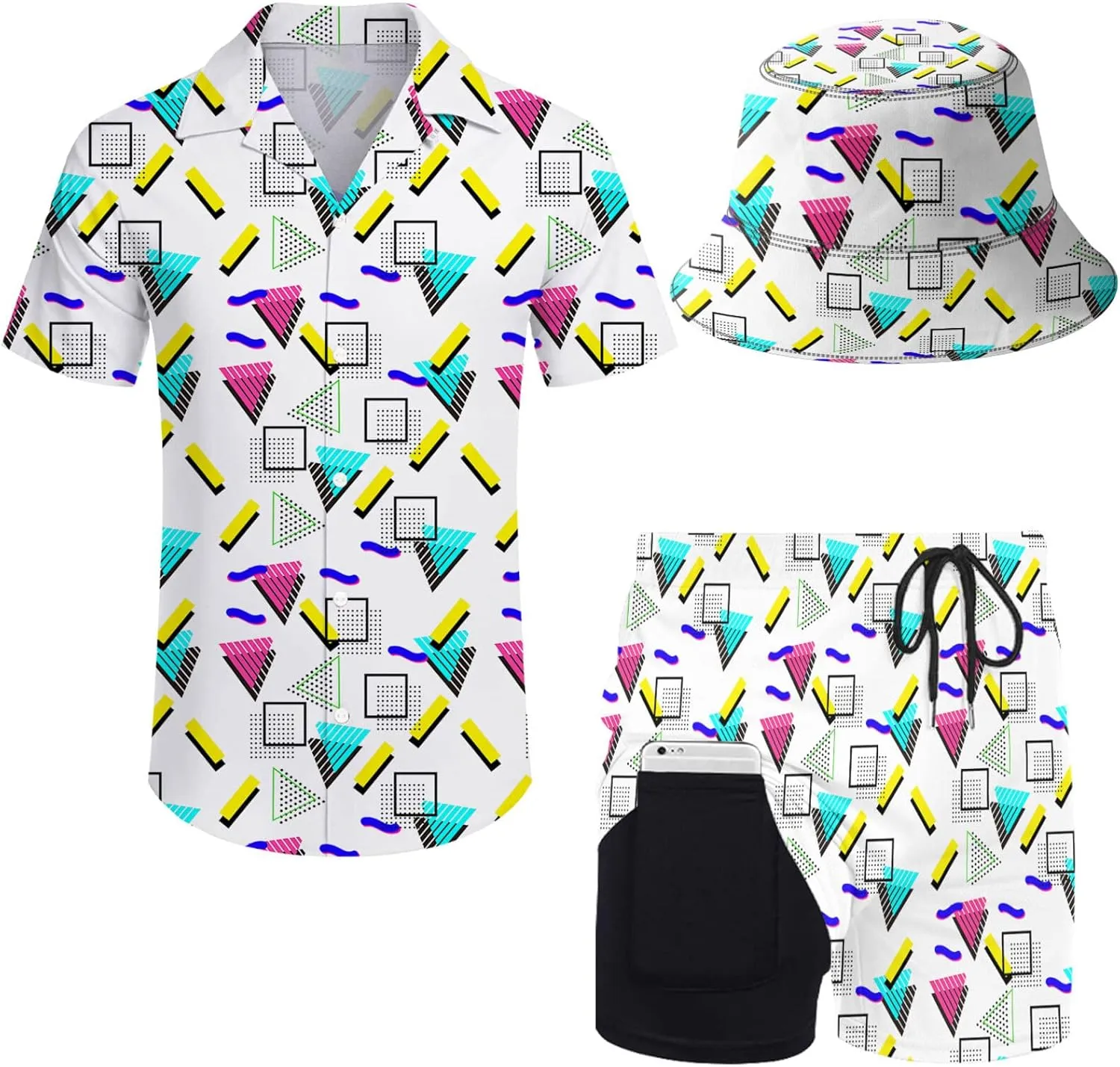 Mens 2 Piece Tracksuit Hawaiian Button Down Shirt and Compression Liner Shorts Sets with Bucket Hats