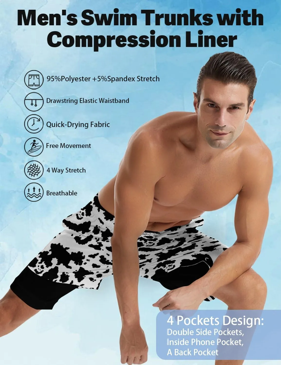 Men's Swim Trunks with Compression Liner Quick Dry 2 in 1 Swimming Trunks Beach Board Shorts Bathing Suits Swimwear