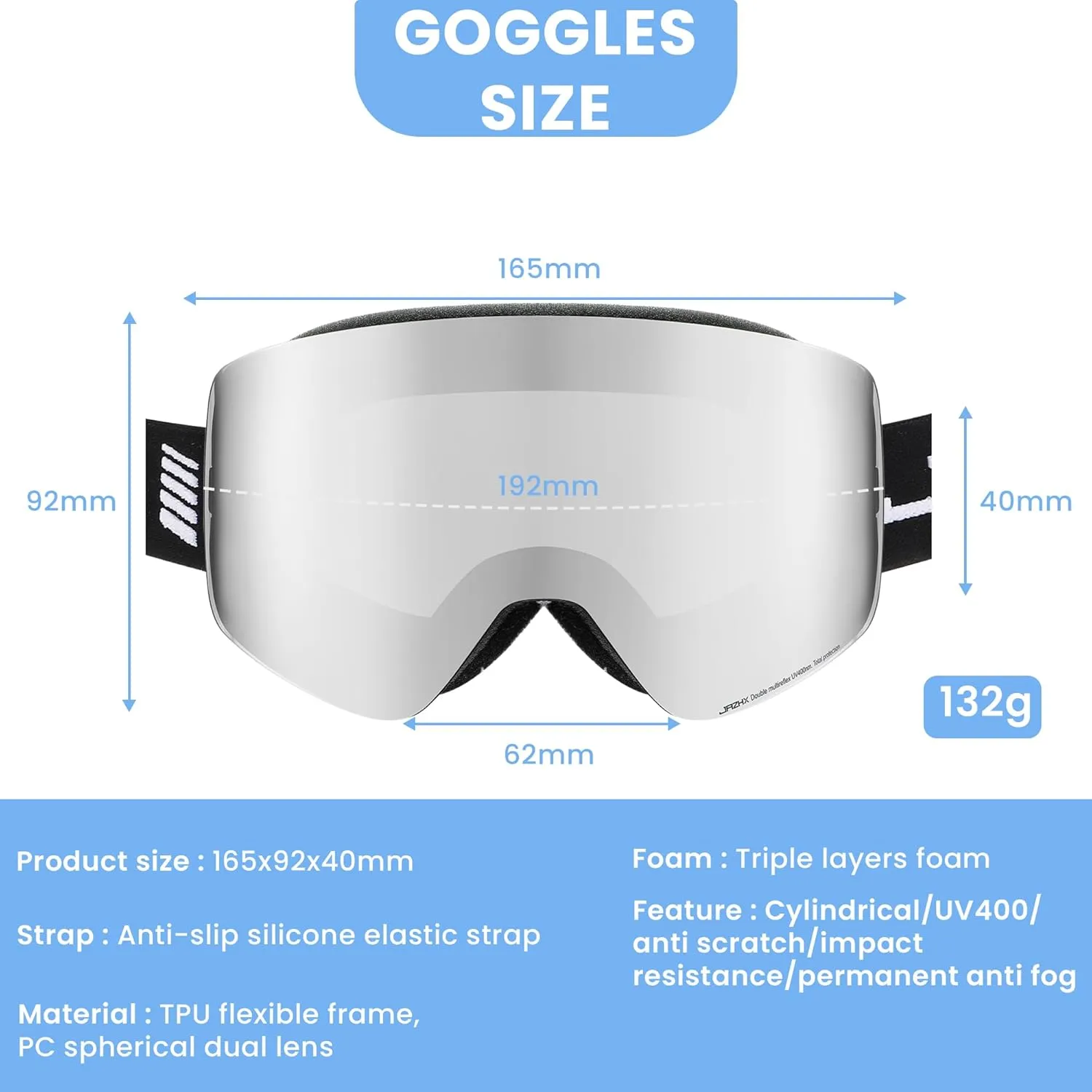 Premium Kids Ski Goggles, Anti-Fog Snowboarding Goggles with UV400 Protection, Anti Slip Silicone Elastic Strap