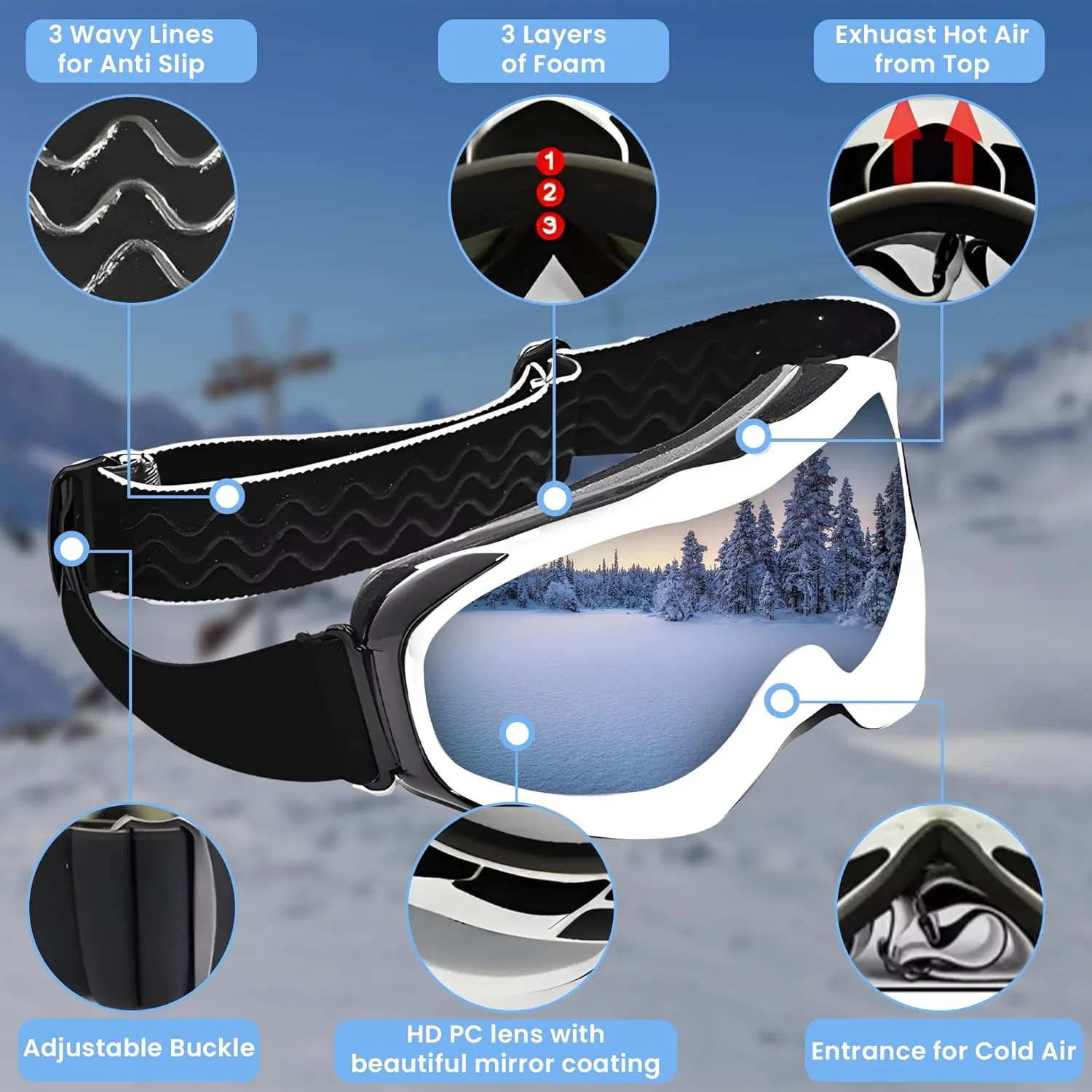 Premium Kids Ski Goggles, Anti-Fog Snowboarding Goggles with UV400 Protection, Anti Slip Silicone Elastic Strap