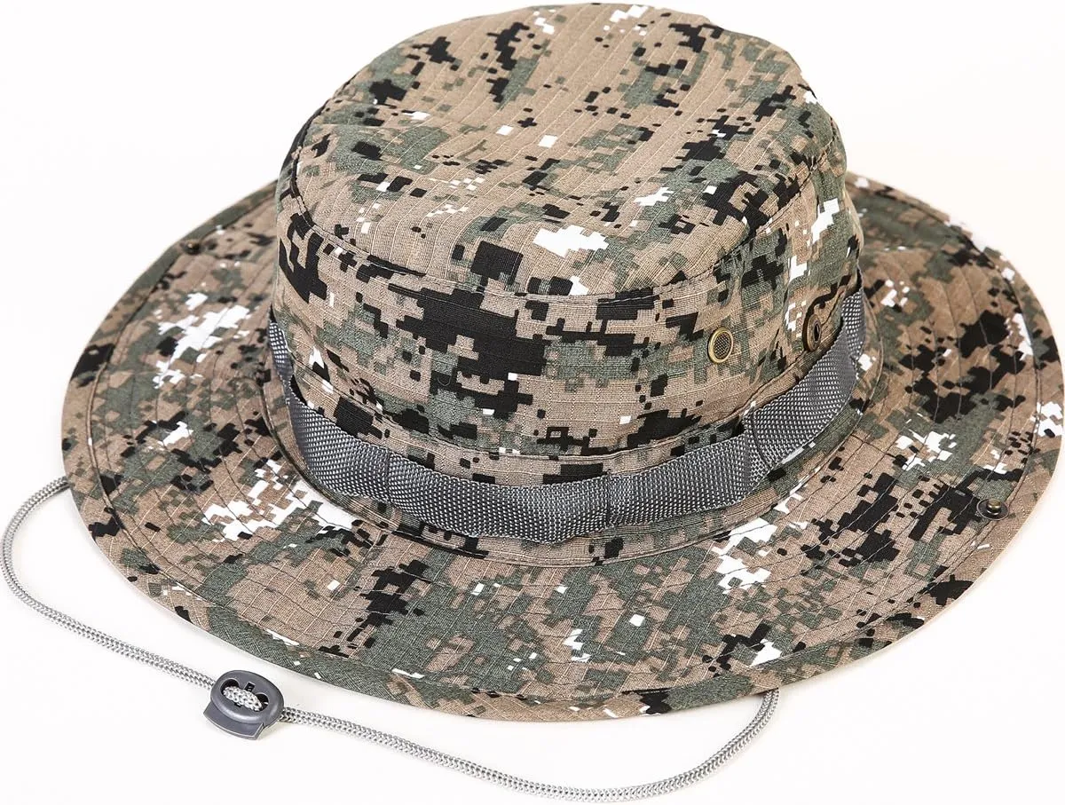 Wide Brim Boonie Hat, Men & Women Top Camo Bucket Hats for Safari Military Beach