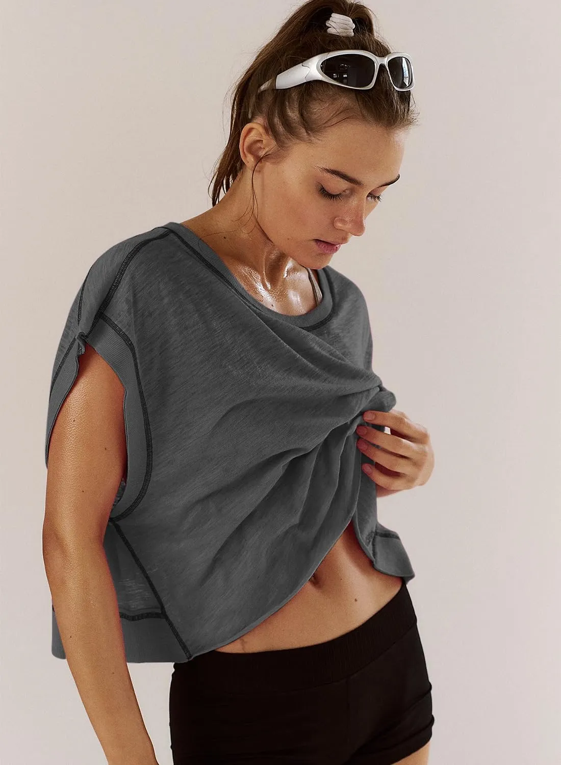 Women Short Sleeve Workout Shirts Open Back Tops Casual Yoga Y2k Athletic Gym Slouchy Crop Running Tees