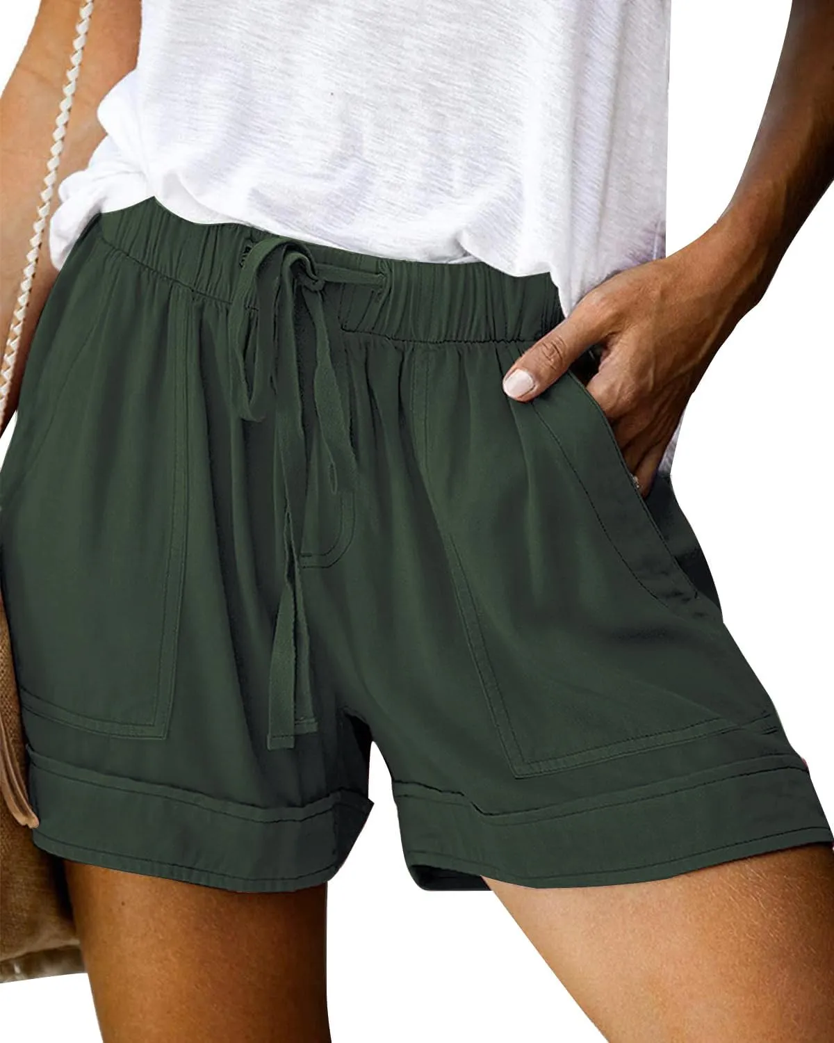Womens Elastic Waist Drawstring Shorts Summer Lightweight Beach Shorts Comfy Casual Short Pants with Pockets