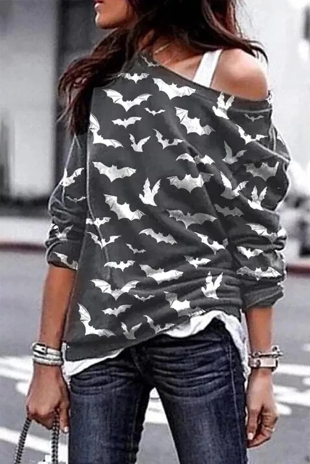 Womens Halloween Shirt Long Sleeve Pumpkin Ghost Bat Print Party Off Shoulder Top