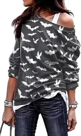 Womens Halloween Shirt Long Sleeve Pumpkin Ghost Bat Print Party Off Shoulder Top