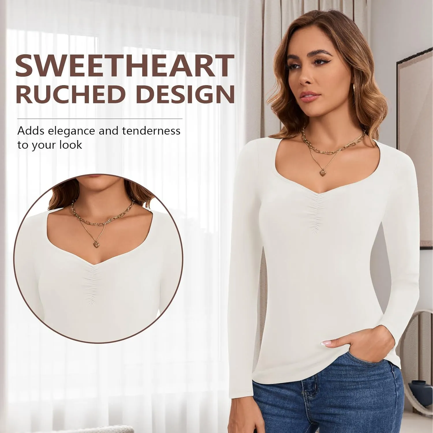 WOWENY Women Thermal Long Sleeve Shirt Fleece Lined Undershirts Basic Fitted Tops Ruched Sweetheart Neck Winter Base Layer