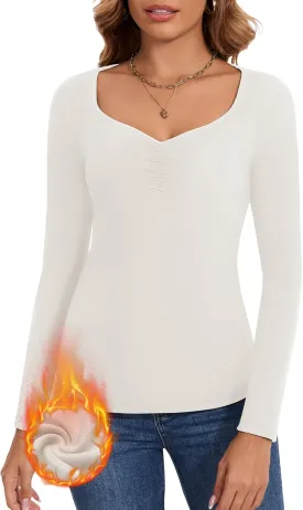 WOWENY Women Thermal Long Sleeve Shirt Fleece Lined Undershirts Basic Fitted Tops Ruched Sweetheart Neck Winter Base Layer