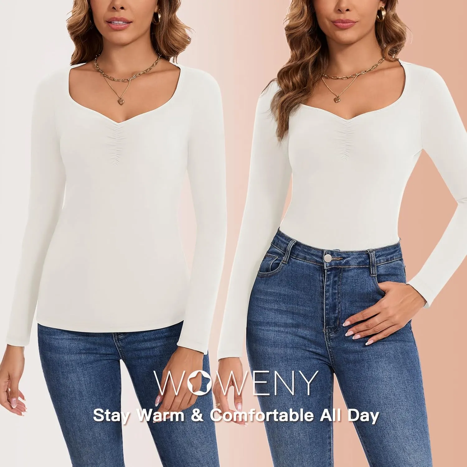 WOWENY Women Thermal Long Sleeve Shirt Fleece Lined Undershirts Basic Fitted Tops Ruched Sweetheart Neck Winter Base Layer